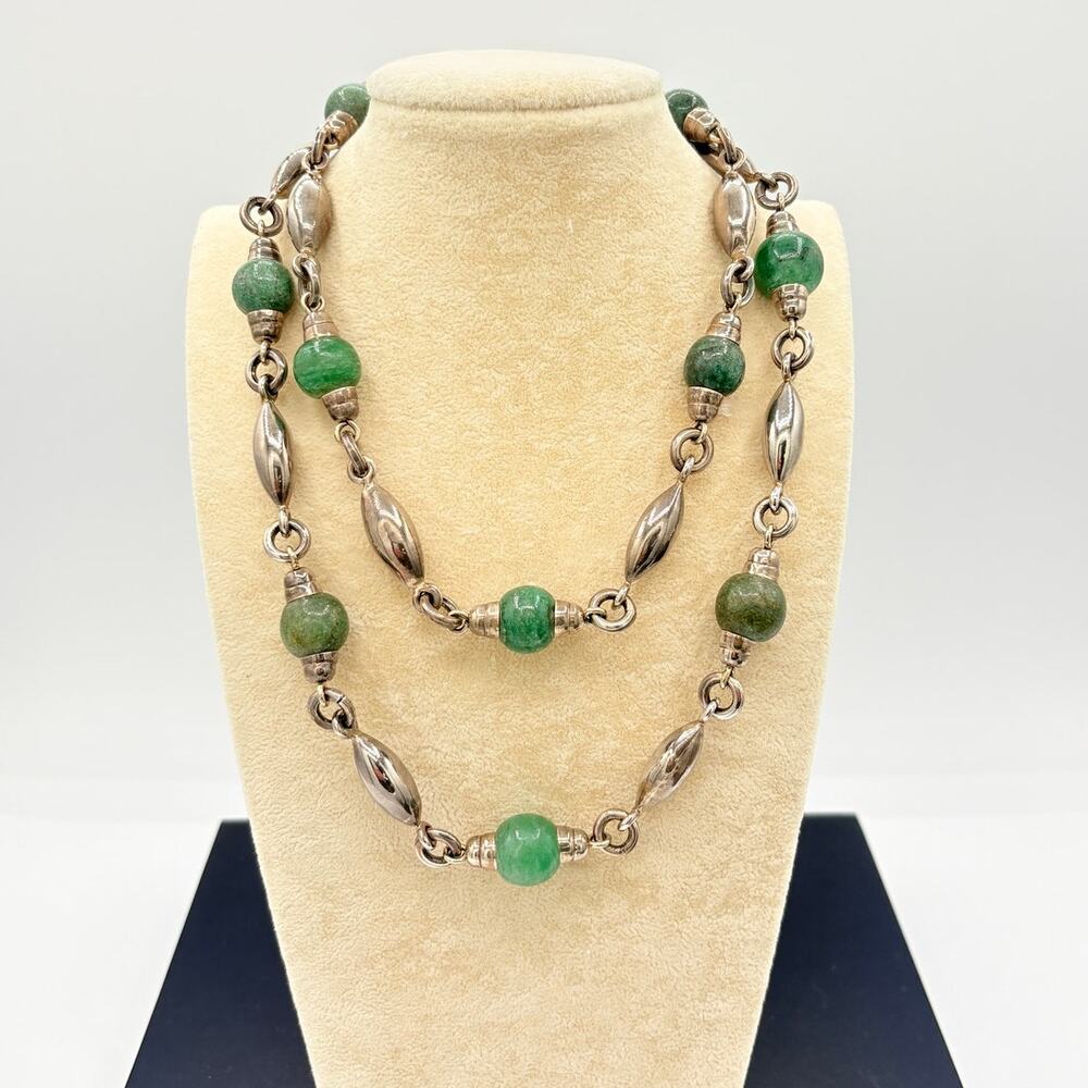 Artisan Sterling Silver & Aventurine Necklace – 32" Hand‑Formed Gemstone Strand